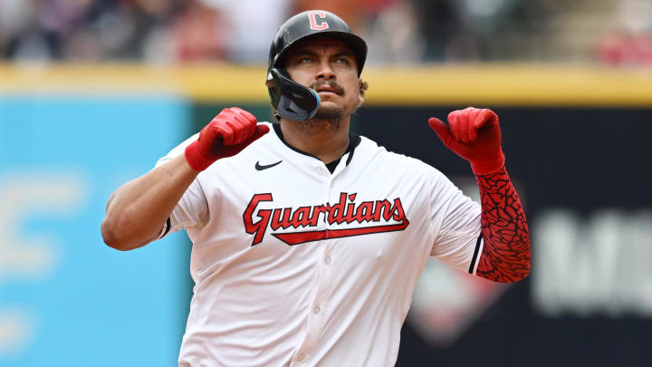 Aug 7, 2024; Cleveland, Ohio, USA; Cleveland Guardians first baseman Josh Naylor (22) rounds the bases after hitting a home run during the fifth inning against the Arizona Diamondbacks at Progressive Field. Mandatory Credit: Ken Blaze-USA TODAY Sports