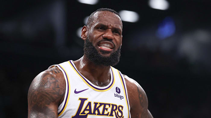 Mar 31, 2024; Brooklyn, New York, USA; Los Angeles Lakers forward LeBron James (23) reacts during