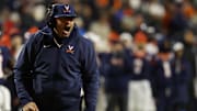 Nov 29, 2025; Charlottesville, Virginia, USA; Virginia Cavaliers head coach Tony Elliott yells from the sidelines against the Virginia Tech Hokies in the third quarter at Scott Stadium. Mandatory Credit: Geoff Burke-Imagn Images