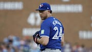 May 24, 2024; Detroit, Michigan, USA; Toronto Blue Jays pitcher Nate Pearson (24) pitches in the sixth inning of the game against the Detroit Tigers at Comerica Park.