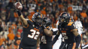 iNov 13, 2021; Corvallis, Oregon, USA; Oregon State Beavers defensive lineman Keonte Schad (32) celebrates with teammates after a fumble recovery during the second half against the Stanford Cardinal at Reser Stadium. Mandatory Credit: Soobum Im-USA TODAY Sports