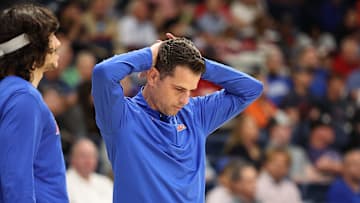 Nov 27, 2025; San Diego, California, USA; Florida Gators head coach Todd Golden reacts after loosing against Texas Christian University Horned Frogs during the second half at Jenny Craig Pavilion. Mandatory Credit: Abe Arredondo-Imagn Images
