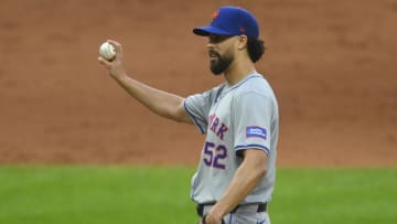 May 20, 2024; Cleveland, Ohio, USA; New York Mets relief pitcher Jorge Lopez (52) stands on the mound in the eighth inning against the Cleveland Guardians at Progressive Field. Mandatory Credit: David Richard-USA TODAY Sports