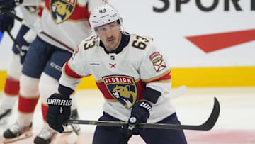 Apr 2, 2025; Toronto, Ontario, CAN; Florida Panthers forward Brad Marchand (63) skates during warm up before a game against the Toronto Maple Leafs at Scotiabank Arena. Mandatory Credit: John E. Sokolowski-Imagn Images
