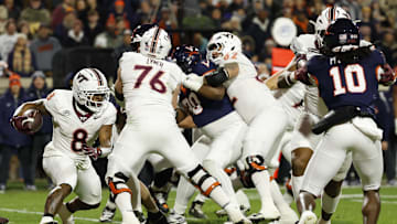Nov 29, 2025; Charlottesville, Va.; Virginia Tech running back Terion Stewart (8) carries the ball against Virginia in the second quarter.