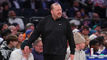 Jan 20, 2025; New York, New York, USA; New York Knicks head coach Tom Thibodeau reacts during the first half against the Atlanta Hawks at Madison Square Garden. Mandatory Credit: Vincent Carchietta-Imagn Images