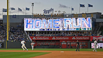 May 21, 2024; Kansas City, Missouri, USA;  Kansas City Royals right fielder Hunter Renfroe (16) rounds second base after hitting a solo home run in the seventh inning against the Detroit Tigers at Kauffman Stadium. Mandatory Credit: Peter Aiken-Imagn Images