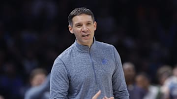 Nov 19, 2025; Oklahoma City, Oklahoma, USA; Oklahoma City Thunder head coach Mark Daigneault watches his team play against the Sacramento Kings during the second half at Paycom Center. Mandatory Credit: Alonzo Adams-Imagn Images