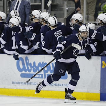 Penn State forward Charlie Cerrato (15) celebrates a penalty goal in the third period vs. the Michigan Wolverines in the Big Ten Tournsment. 