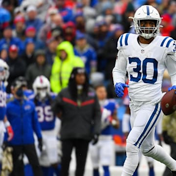 Nov 21, 2021; Orchard Park, New York, USA; Indianapolis Colts defensive back George Odum (30) reacts to a play against the Buffalo Bills during the first half at Highmark Stadium. 
