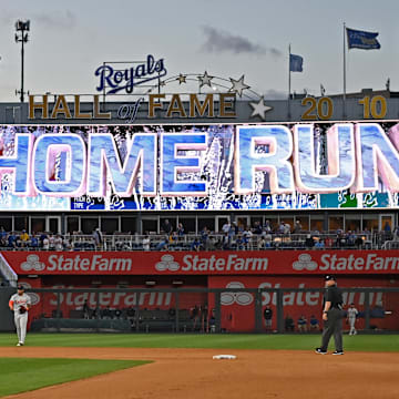 May 21, 2024; Kansas City, Missouri, USA;  Kansas City Royals right fielder Hunter Renfroe (16) rounds second base after hitting a solo home run in the seventh inning against the Detroit Tigers at Kauffman Stadium. Mandatory Credit: Peter Aiken-Imagn Images