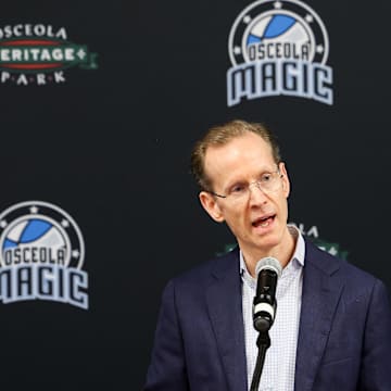 Apr 11, 2023; Orlando, Florida, USA;  Orlando Magic president of basketball operations Jeff Weltman speaks during a press conference for the new Orlando Magic G-League stadium at Osceola Heritage Park. Mandatory Credit: Nathan Ray Seebeck-Imagn Images