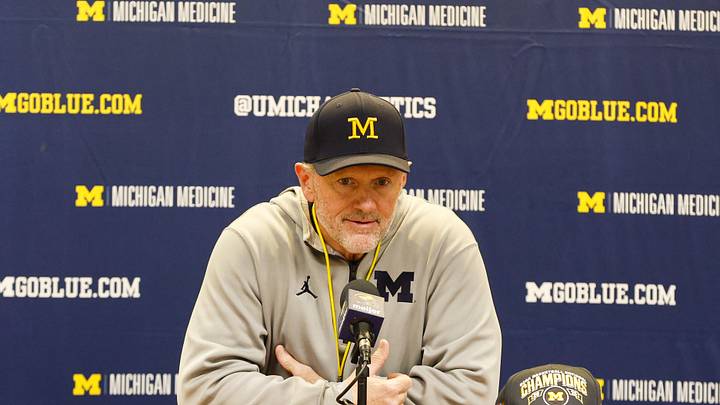 Apr 18, 2026; Ann Arbor, MI, USA; Michigan Wolverines head coach Kyle Whittingham gives remarks following the spring game at Michigan Stadium. Mandatory Credit: Brian Bradshaw Sevald-Imagn Images