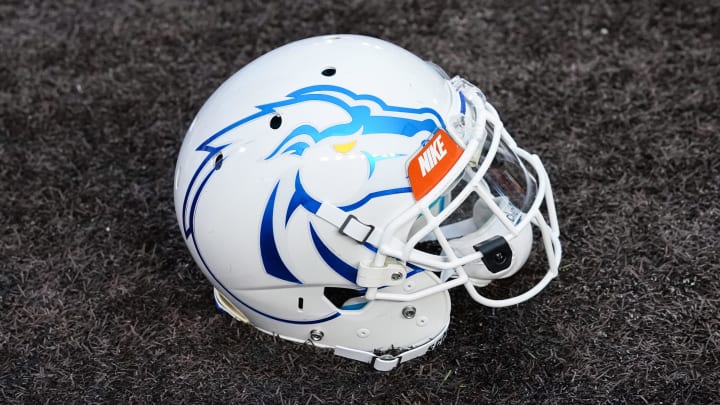 Sep 29, 2018; Laramie, WY, USA; A general view of the Boise State Broncos helmet against the Wyoming Cowboys at Jonah Field War Memorial Stadium. Mandatory Credit: Troy Babbitt-USA TODAY Sports