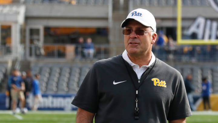 Nov 4, 2023; Pittsburgh, Pennsylvania, USA;  Pittsburgh Panthers head coach Pat Narduzzi watches the Florida State Seminoles warm up before the game at Acrisure Stadium. Mandatory Credit: Charles LeClaire-USA TODAY Sports