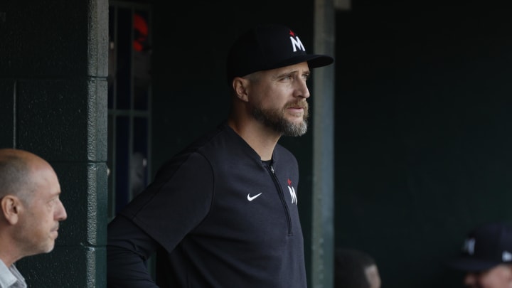 Jul 26, 2024; Detroit, Michigan, USA; Minnesota Twins manager Rocco Baldelli (5) looks on prior to the game against the Detroit Tigers at Comerica Park. Mandatory Credit: Brian Bradshaw Sevald-USA TODAY Sports