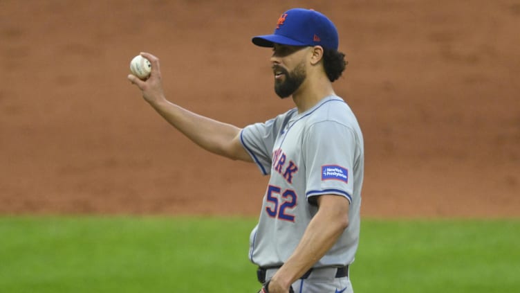 May 20, 2024; Cleveland, Ohio, USA; New York Mets relief pitcher Jorge Lopez (52) stands on the mound in the eighth inning against the Cleveland Guardians at Progressive Field. Mandatory Credit: David Richard-USA TODAY Sports