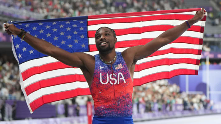 Noah Lyles (USA) celebrates after winning the men's 100m final during the Paris 2024 Olympic Summer Games at Stade de France. 