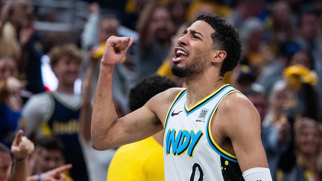 May 11, 2025; Indianapolis, Indiana, USA; Indiana Pacers guard Tyrese Haliburton (0) celebrates during game four of the second round for the 2025 NBA Playoffs against the Cleveland Cavaliers at Gainbridge Fieldhouse. Mandatory Credit: Trevor Ruszkowski-Imagn Images