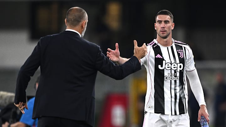 Juve boss Igor Tudor, left, could start in-form Dusan Vlahovic against Como