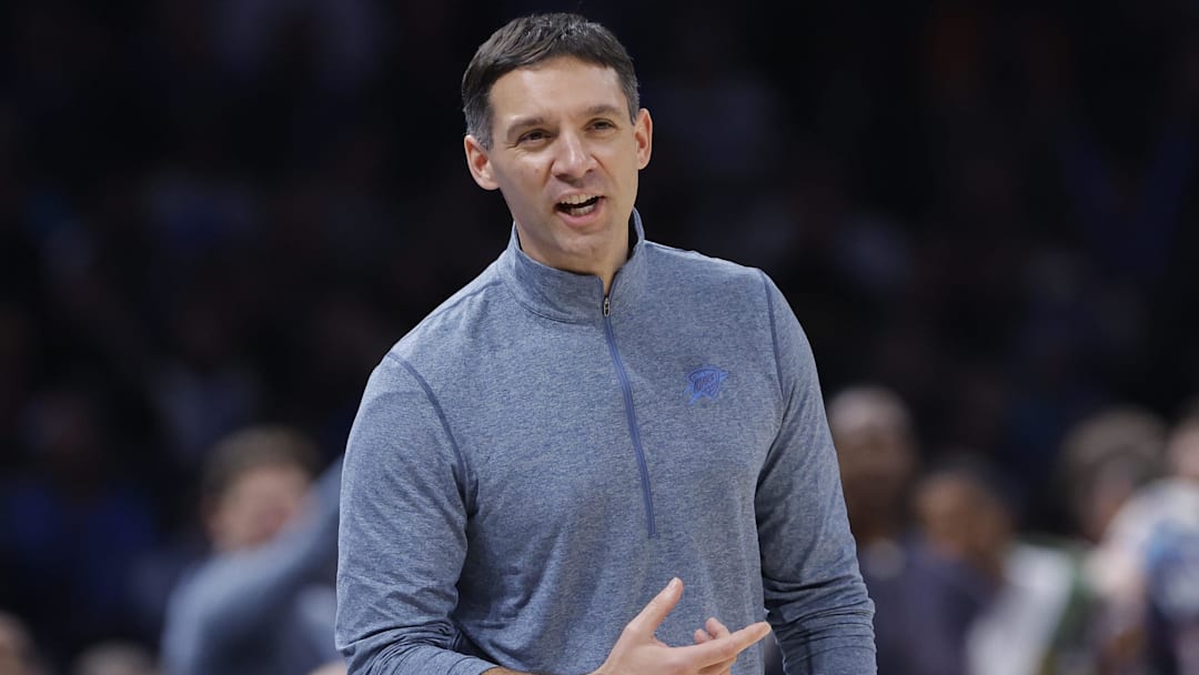 Nov 19, 2025; Oklahoma City, Oklahoma, USA; Oklahoma City Thunder head coach Mark Daigneault watches his team play against the Sacramento Kings during the second half at Paycom Center. Mandatory Credit: Alonzo Adams-Imagn Images