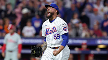 Oct 8, 2024; New York City, New York, USA; New York Mets pitcher Sean Manaea (59) reacts after a double play in the sixth inning against the Philadelphia Phillies during game three of the NLDS for the 2024 MLB Playoffs at Citi Field. Mandatory Credit: Brad Penner-Imagn Images