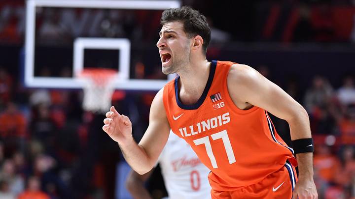 Nov 24, 2025; Champaign, Illinois, USA; Illinois Fighting Illini guard Mihailo Petrovic (77) yells instructions to teammates during the second half against the UT Rio Grande Valley Vaqueros at State Farm Center. Mandatory Credit: Ron Johnson-Imagn Images