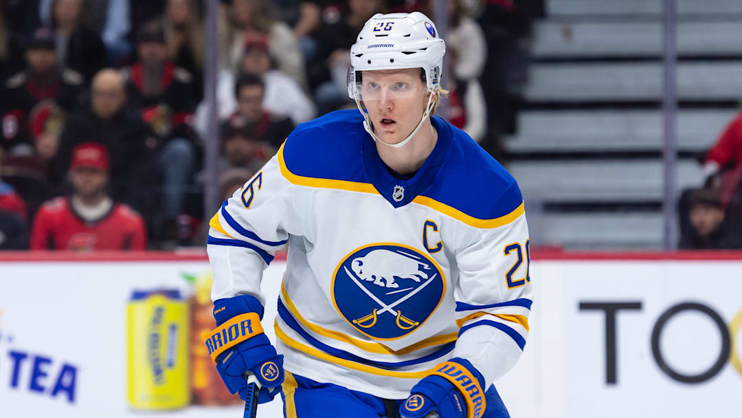 Apr 1, 2025; Ottawa, Ontario, CAN; Buffalo Sabres defenseman Rasmus Dahlin (26) follows the puck in the first period against the Ottawa Senators at the Canadian Tire Centre. Mandatory Credit: Marc DesRosiers-Imagn Images