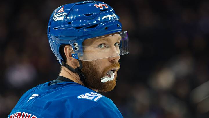 Apr 5, 2026; New York, New York, USA; New York Rangers defenseman Vladislav Gavrikov (44) awaits a face-off against the Washington Capitals during the third period at Madison Square Garden. Mandatory Credit: Danny Wild-Imagn Images Apr 5, 2026; New York, New York, USA; New York Rangers defenseman Vladislav Gavrikov (44) awaits a face-off against the Washington Capitals during the third period at Madison Square Garden. Mandatory Credit: Danny Wild-Imagn Images
