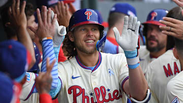 Jun 15, 2025; Philadelphia, Pennsylvania, USA; Philadelphia Phillies third base Alec Bohm (28) reacts after hitting a two-run home run during the fifth inning against the Toronto Blue Jays at Citizens Bank Park.