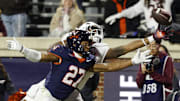 Nov 29, 2025; Charlottesville, Virginia, USA; Virginia Tech Hokies tight end Ja'Ricous Hairston (13) attempts to catch a pass as Virginia Cavaliers safety Devin Neal (27) defendds in the first quarter at Scott Stadium. Mandatory Credit: Geoff Burke-Imagn Images