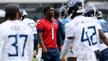 Tennessee Titans quarterback Cam Ward (1) warms up during an NFL football minicamp camp practice at Ascension Saint Thomas Sports Park Thursday, June 12, 2025, in Nashville, Tenn.