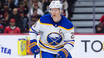 Apr 1, 2025; Ottawa, Ontario, CAN; Buffalo Sabres defenseman Rasmus Dahlin (26) follows the puck in the first period against the Ottawa Senators at the Canadian Tire Centre. Mandatory Credit: Marc DesRosiers-Imagn Images