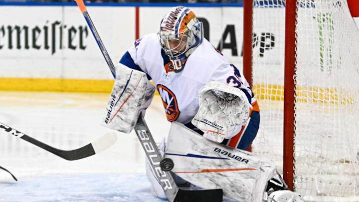 Apr 13, 2024; New York, New York, USA;  New York Islanders goaltender Ilya Sorokin (30) makes a save against the New York Rangers during the second period at Madison Square Garden. Mandatory Credit: Dennis Schneidler-Imagn Images