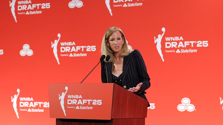 Apr 14, 2025; New York, New York, USA; WNBA commissioner Cathy Engelbert talks to the media before the 2025 WNBA Draft at The Shed at Hudson Yards. Mandatory Credit: Vincent Carchietta-Imagn Images