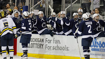 The Penn State Nittany Lions celebrate a goal against Michigan in the Big Ten Tournament.