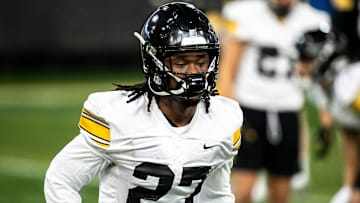 Iowa defensive back Jermari Harris (27) warms up during a spring NCAA football practice, Thursday, March 30, 2023, at the University of Iowa Indoor Practice Facility in Iowa City, Iowa.

230330 Iowa Spring Fb 038 Jpg