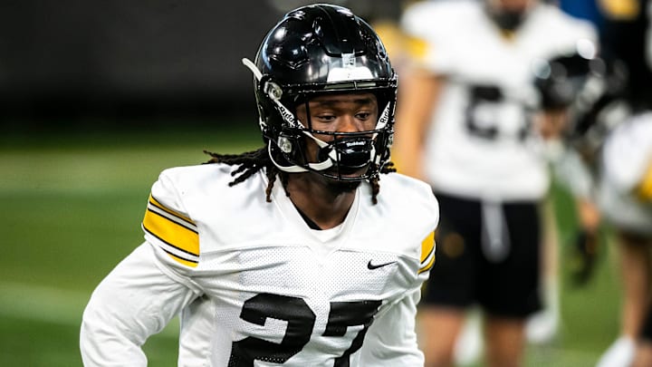 Iowa defensive back Jermari Harris (27) warms up during a spring NCAA football practice, Thursday, March 30, 2023, at the University of Iowa Indoor Practice Facility in Iowa City, Iowa.

230330 Iowa Spring Fb 038 Jpg