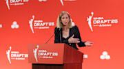 WNBA commissioner Engelbert talks to the media before the 2025 WNBA Draft at The Shed at Hudson Yards. 