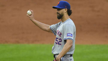 May 20, 2024; Cleveland, Ohio, USA; New York Mets relief pitcher Jorge Lopez (52) stands on the mound in the eighth inning against the Cleveland Guardians at Progressive Field. Mandatory Credit: David Richard-Imagn Images