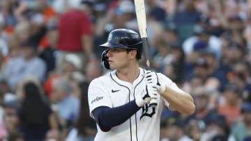 Jul 27, 2024; Detroit, Michigan, USA; Detroit Tigers second baseman Colt Keith awaits a pitch.