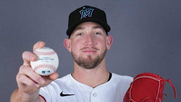 Feb 19, 2025; Jupiter, FL, USA;  Miami Marlins pitcher Austin Roberts (94).