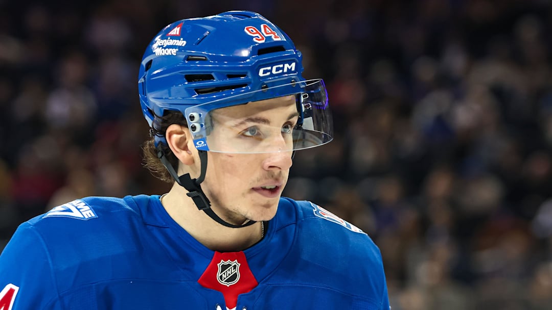 Apr 5, 2026; New York, New York, USA; New York Rangers right wing Gabe Perreault (94) skates against the Washington Capitals during the second period at Madison Square Garden. Mandatory Credit: Danny Wild-Imagn Images