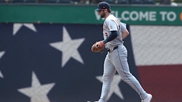 Jul 23, 2025; Pittsburgh, Pennsylvania, USA;  Detroit Tigers left fielder Matt Vierling (8) makes his position in the field against the Pittsburgh Pirates during the bottom of the third inning at PNC Park. Mandatory Credit: Charles LeClaire-Imagn Images