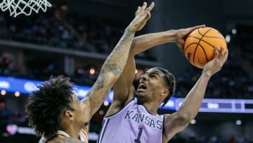 Mar 13, 2024; Kansas City, MO, USA; Kansas State Wildcats forward David N'Guessan (1) shoots the ball during the second half against the Texas Longhorns at T-Mobile Center. Mandatory Credit: William Purnell-USA TODAY Sports