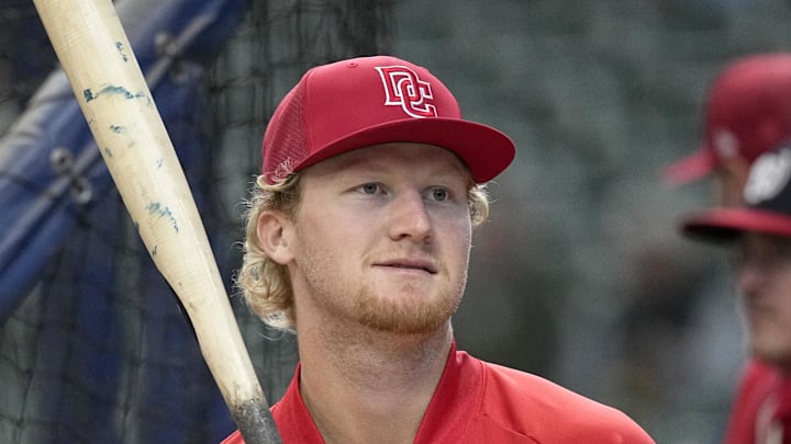 Apr 11, 2026; Milwaukee, Wisconsin, USA; Washington Nationals left fielder Joey Wiemer (21) prepares to take batting practice before a game against the Milwaukee Brewers at American Family Field. Mandatory Credit: Michael McLoone-Imagn Images