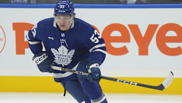 Sep 25, 2023; Toronto, Ontario, CAN; Toronto Maple Leafs forward Easton Cowan (53) skates during warm up before a game against the Ottawa Senators at Scotiabank Arena. Mandatory Credit: John E. Sokolowski-Imagn Images