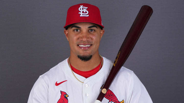 Feb 20, 2025; Jupiter, FL, USA;  St. Louis Cardinals outfielder Bryan Torres (89) poses for a photo during media day at Clover Park. Mandatory Credit: Jim Rassol-Imagn Images