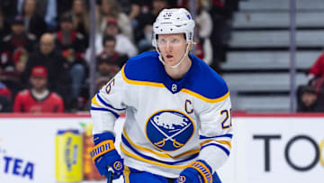 Apr 1, 2025; Ottawa, Ontario, CAN; Buffalo Sabres defenseman Rasmus Dahlin (26) follows the puck in the first period against the Ottawa Senators at the Canadian Tire Centre. Mandatory Credit: Marc DesRosiers-Imagn Images