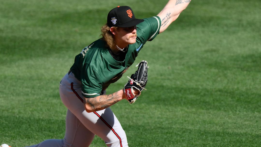 Jul 8, 2023; Seattle, Washington, USA; National League Futures relief pitcher Carson Whisenhunt (18) of the San Francisco Giants pitches to the American League during the third inning of the All Star-Futures game at T-Mobile Park. 